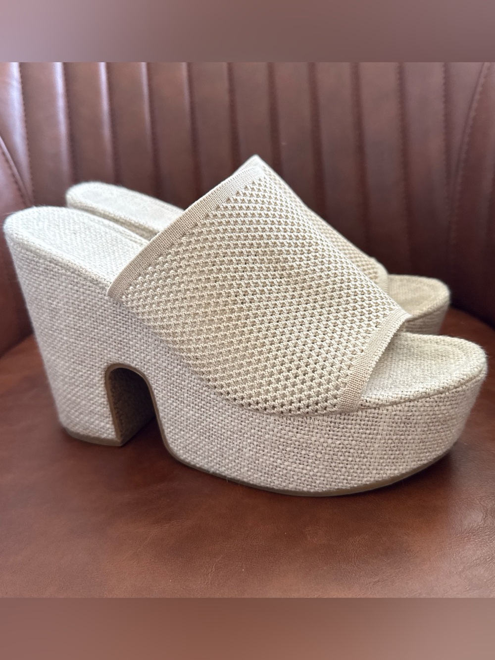 Women’s Knit Cream Platform Slide Heels